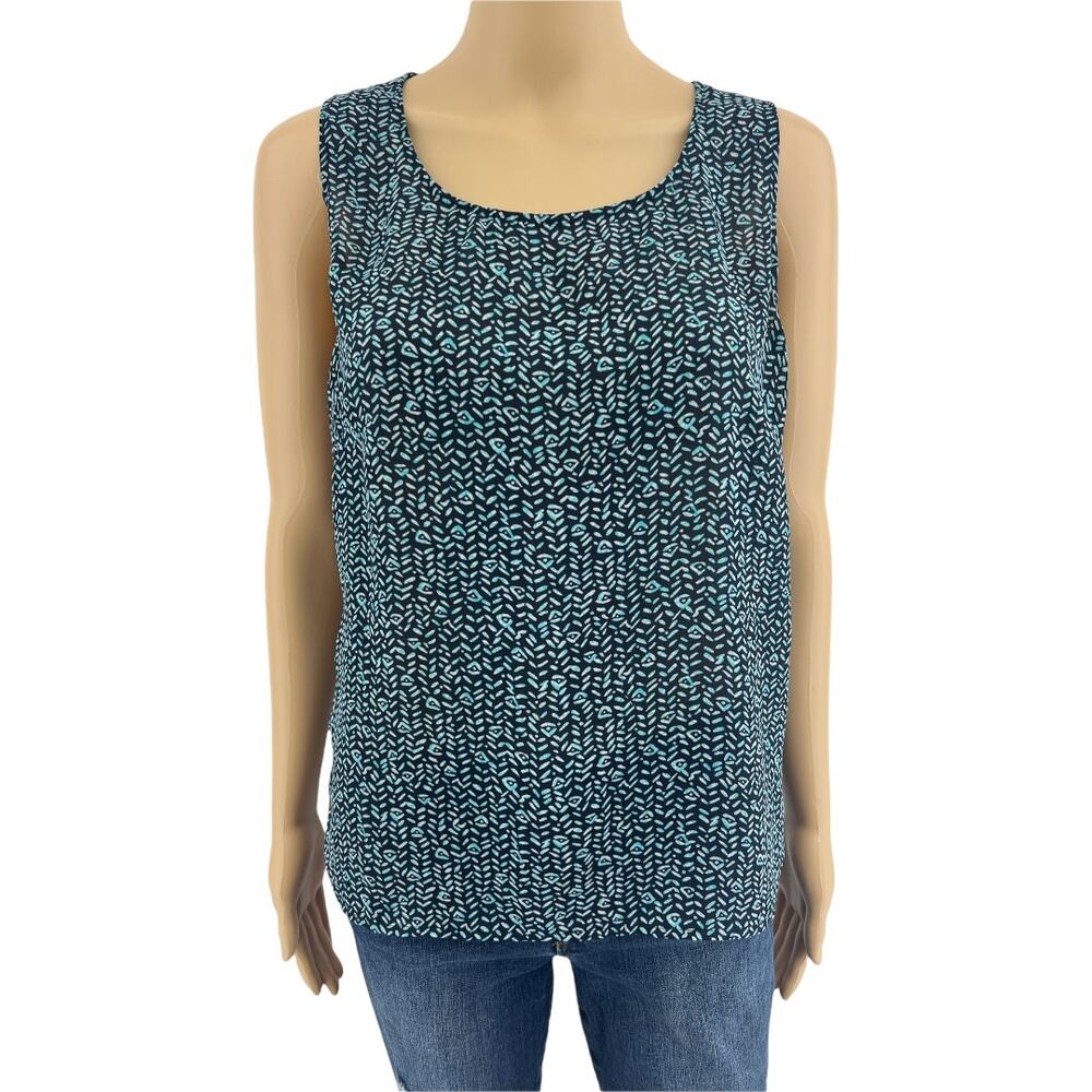 Notations (M) Blue Black Geometric Sheer Sleeveless Top Blouse